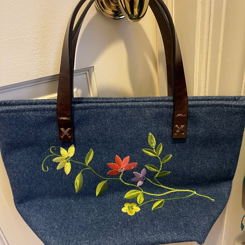 Mena denim small purse with leather handles